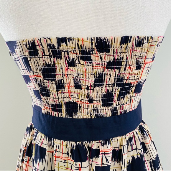 Anthropologie Burlapp Navy Tan Print Strapless 100% Silk Dress Size 4 - Picture 7 of 11